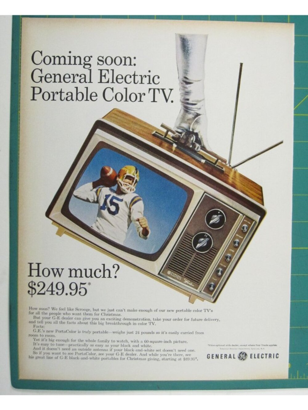 Print Ad General Electric Portable Color TV Coming Soon Vintage 1960s Ad Footbal